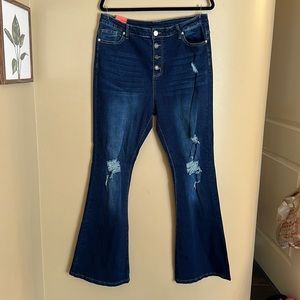 Distressed button, fly flare, jeans